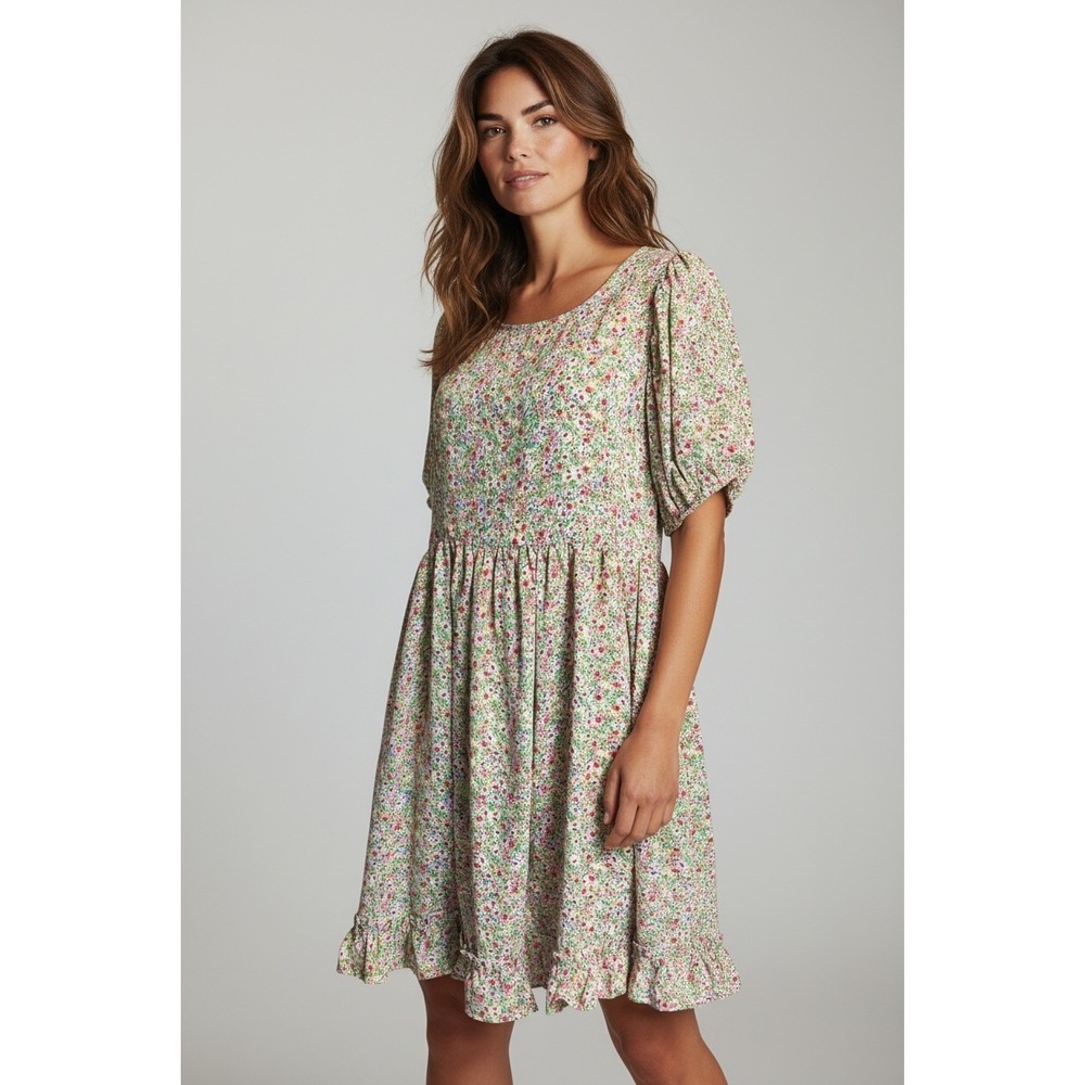 Umgee USA Floral Babydoll Dress Multi Color Puff Sleeve Ruffle Hem Mini Size M